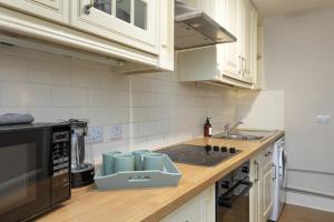 cocina con fregadero y fogones horno superior en The Edinburgh Meadows Apartment, en Edimburgo