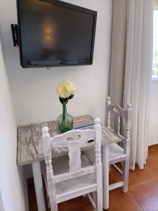 a table with a vase of flowers and a tv at El Palomar Rooms Tarifa in Tarifa