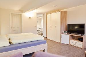 a bedroom with a bed and a flat screen tv at Ferienappartements Hermannshöhle in Niederhausen