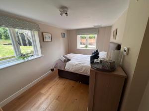 a bedroom with a bed and two windows at A modern annex, in a tranquil countryside setting. in Aylesbury