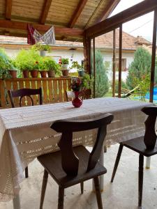 einen Tisch und Stühle auf einer Terrasse mit Pflanzen in der Unterkunft Casa Viki 