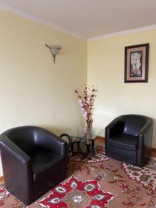 - deux fauteuils en cuir et une table dans le salon dans l'établissement Casa Viki, 