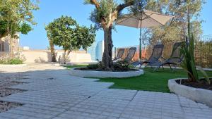 a patio with a tree and an umbrella at Casa do Castelo in Arraiolos