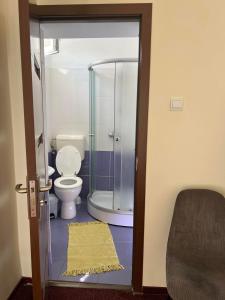 シビウにあるPensiunea Neroのバスルーム(トイレ、黄色いラグ付きのシャワー付)