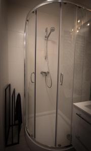 a shower with a glass door in a bathroom at Pstrowskiego 13 in Olsztyn