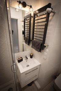 ein Bad mit einem Waschbecken, einer Dusche und einem Spiegel in der Unterkunft Pstrowskiego 13 in Olsztyn