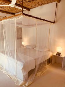 a bedroom with a bed covered in mosquito nets at Dive Planet Mafia Island in Utende