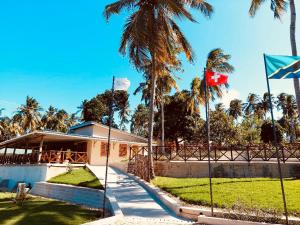 deux drapeaux battant devant un bâtiment planté de palmiers dans l'établissement Dive Planet Mafia Island, à Utende