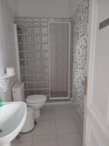 ein Bad mit einer Dusche, einem WC und einem Waschbecken in der Unterkunft Pensión Casablanca in Santa Cruz de Tenerife