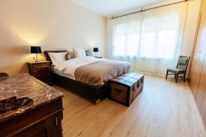 1 dormitorio con 1 cama y ventana con silla en Luxury Apartment Villa Černigoj, en Maribor