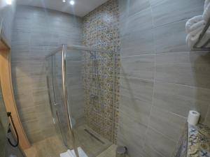a shower with a glass door in a bathroom at Casa Bacila in Sibiu