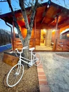 a bike parked next to a tree in front of a house at Dos VILLAS ENTRE CIERVOS Y CERVANTES in El Cristo del Espíritu Santo