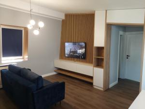 sala de estar con sofá y TV en Lovely Apartment Ioana, en Tîrgu Neamţ