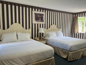 Rocky River Inn في New Milford: سريرين في غرفة الفندق بجدران مخططة