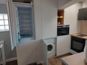 Il comprend une cuisine équipée d'un lave-linge. dans l'établissement Lovely Apartment Ioana, à Tîrgu Neamţ