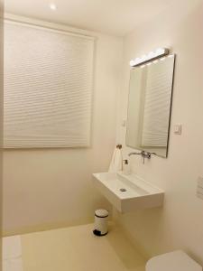 een witte badkamer met een wastafel en een spiegel bij FeWo Silberberg im Loftstil mit Terrasse in Leonberg