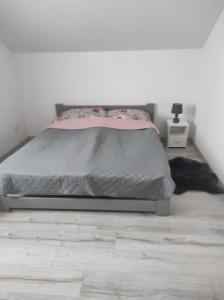 een slaapkamer met een bed en een houten vloer bij Nocleg na Poziomkowej in Kościerzyna