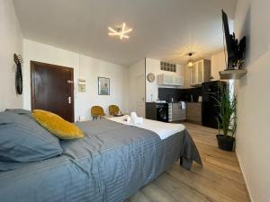 1 dormitorio con 1 cama grande y cocina en LES PIEDS DANS L’EAU - MORET CENTRE, en Moret-sur-Loing