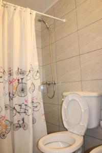 a bathroom with a toilet and a shower curtain with bicycles on it at El Racimo, dpto en Ciudad de Mendoza in Mendoza +22 photos