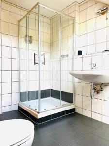 e bagno con doccia, servizi igienici e lavandino. di Schöne ruhige Ferienwohnung - in Eisenach mit Kamin - Nahe Karolinentalbrücke - Hund ja a Eisenach