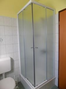 uma cabina de duche em vidro numa casa de banho com WC em Apartments Las Cabezas em Zadar