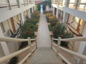 a walkway in a building with flowers and plants at Pousada Planeta Guarajuba in Guarajuba