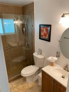 a bathroom with a shower and a toilet and a sink at Stayover In Miami Home 2BR - 1BTH - free parking in Miami
