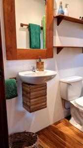 a bathroom with a sink and a toilet at Wood Cabin - Cabana Maderas in Balgue
