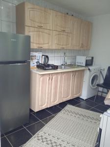 eine Küche mit einem Kühlschrank und einer Waschmaschine in der Unterkunft Complex de Pensiuni si Casute la Munte- Casa ,,Dor de Munte,, in Bistricioara