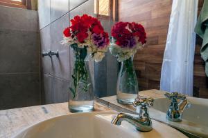 2 jarrones con flores rojas y blancas en el lavabo del baño en Inca Trail Glamping, en Cusco