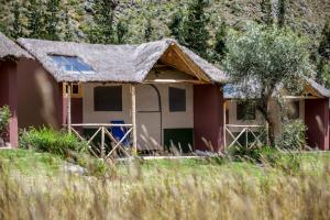 a house with a thatched roof in a field at Inca Trail Glamping in Cusco
