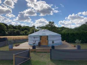 a large yurt with a wooden door in a field at Buzzard Holt Hosting in Buckingham