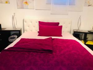 a bed with a red pillow and a red blanket at nice Apartment in Schwarzenbruck