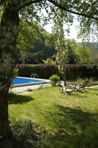 un patio con 2 sillas y una piscina en Freimühle Hotel-Restaurant, en Girod