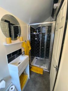 a bathroom with a shower and a sink and a mirror at Robyns Nest, self catering cottage in Welshpool