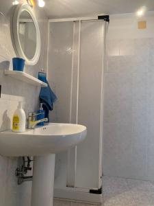 ein Bad mit einem Waschbecken und einer Dusche mit einem Spiegel in der Unterkunft Cannarsa in San Giacomo degli Schiavoni