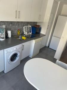 uma cozinha com um lavatório e uma máquina de lavar roupa em Suites Setúbal - River View em Setúbal