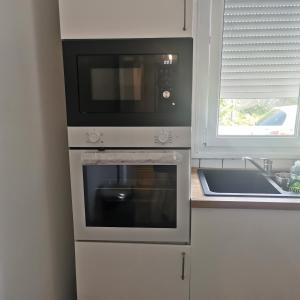 a kitchen with a microwave and a sink at Chambre Nature - Tout confort près de Saint Marceau in Saint-Jean-le-Blanc