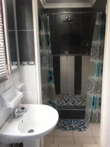 uma casa de banho com um lavatório e um chuveiro em Kadichueni Guest House em Zeerust