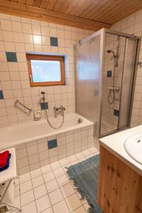 La salle de bains est pourvue d'une douche, d'une baignoire et d'un lavabo. dans l'établissement Almhaus Falkertzeit, à Koflach