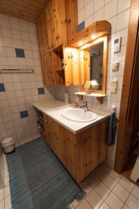 ein Bad mit einem Waschbecken und einem Spiegel in der Unterkunft Almhaus Falkertzeit in Koflach