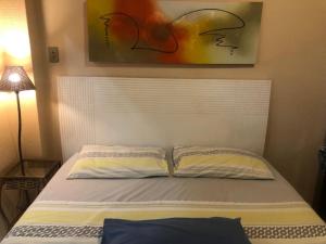 1 cama con 2 almohadas y una pintura en la pared en Meio de Copacabana, 200 metros da praia, posto 5, en Río de Janeiro