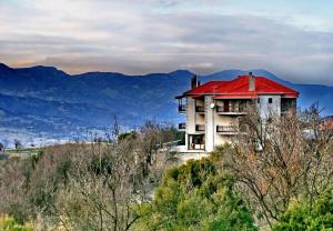 una casa con un tetto rosso in cima a una collina di Aiora Guesthouse a Vytina