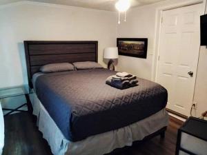 ein Schlafzimmer mit einem großen Bett in einem Zimmer in der Unterkunft 3 Bed 3 Bath House, Conveniently close to everything, Smart Tvs in all rooms whole house to yourself in New Bern