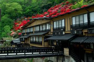 南小国町にある山の宿　新明館の赤い花の並ぶ建物