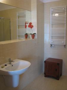 W łazience znajduje się umywalka i lustro. w obiekcie Willa Akacja w mieście Gdynia