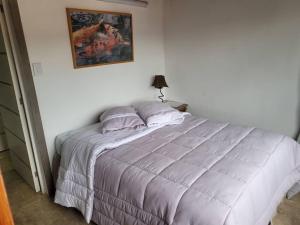 1 cama blanca en un dormitorio con una foto en la pared en Apartamento tipo estudio, en Caracas