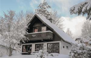 ein Blockhaus mit Balkon im Schnee in der Unterkunft Ferienhaus 72 In Frankenau in Frankenau