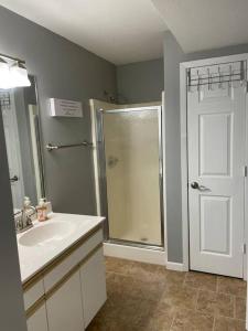 a bathroom with a shower and a sink and a shower backdoor at Penthouse suite at Holiday Hills Book today in Branson