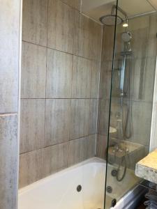 um chuveiro com uma banheira branca e uma porta de vidro em Departamento en el Corazon de Providencia em Santiago